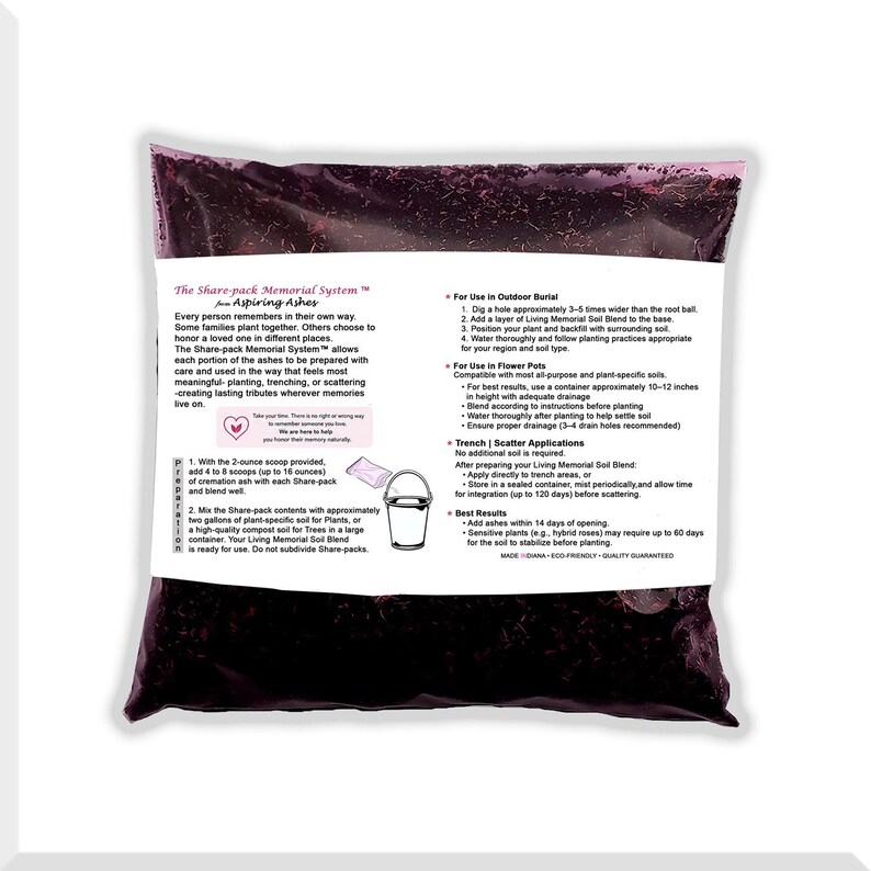 Back of an Aspiring Ashes Share-Pack bag with printed directions for blending 1 to 2 cups of cremation ashes, outdoor burial, flower pots, trenching and scattering after the recommended preparation period.