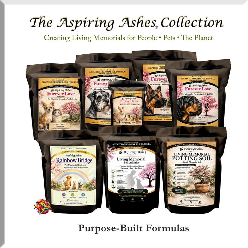 Aspiring Ashes product collection on a white background, showing Furever Love pet memorial soil bags in five sizes, Rainbow Bridge pet soil, Living Memorial Soil Additive and Living Memorial Potting Soil.