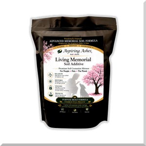 Aspiring Ashes Living Memorial Soil Additive package featuring a premium soil cremation mixture formulated with worm castings, activated charcoal, and beneficial mycorrhizae for planting human or pet cremation ashes into memorial trees, flowers, shrubs, and gardens.