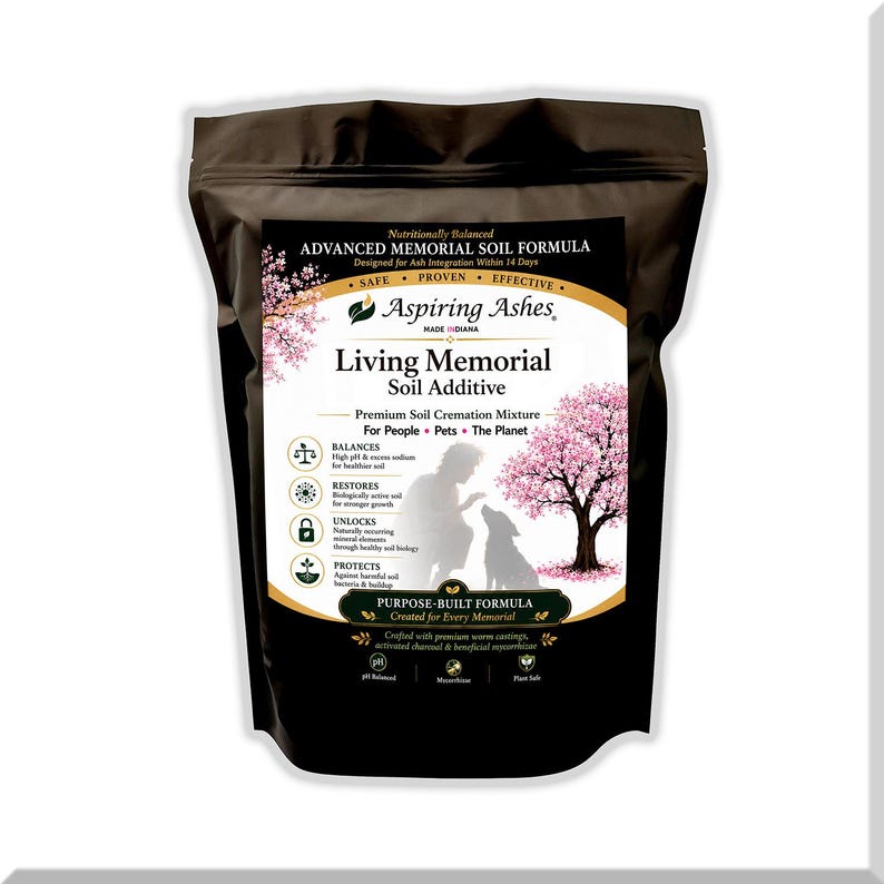 Aspiring Ashes Living Memorial Soil Additive package featuring a premium soil cremation mixture formulated with worm castings, activated charcoal, and beneficial mycorrhizae for planting human or pet cremation ashes into memorial trees, flowers, shrubs, and gardens.