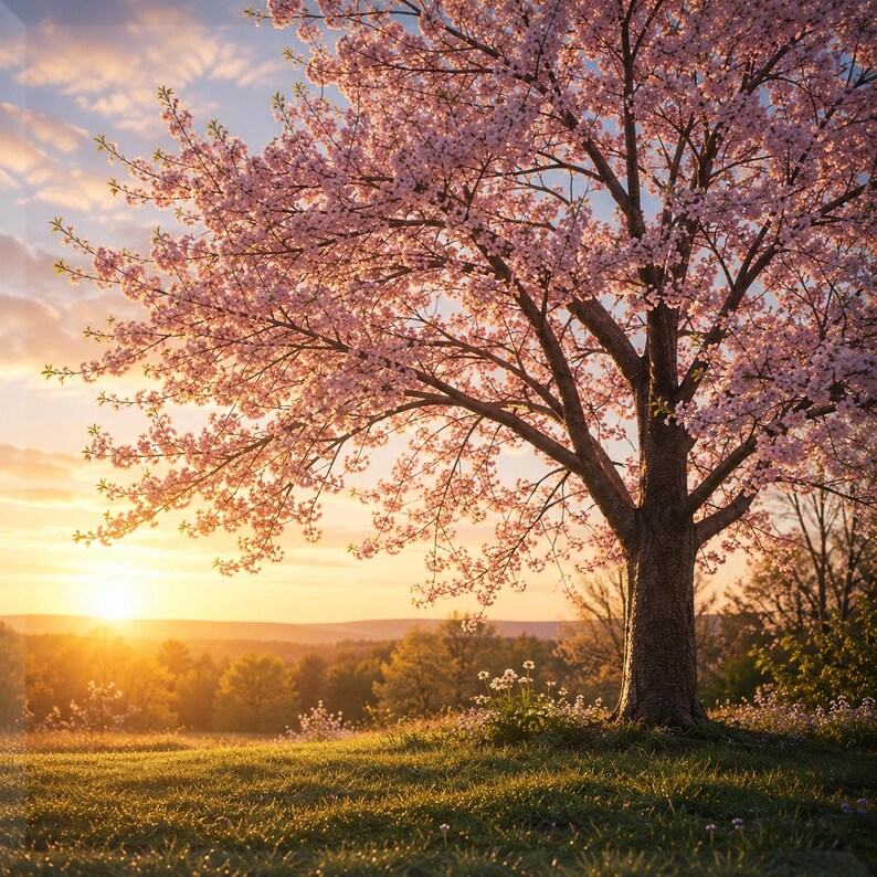 Pink cherry blossom tree in full bloom on a grassy hill at sunrise, representing a peaceful memorial tree and a lasting living tribute created in remembrance of a person or pet.