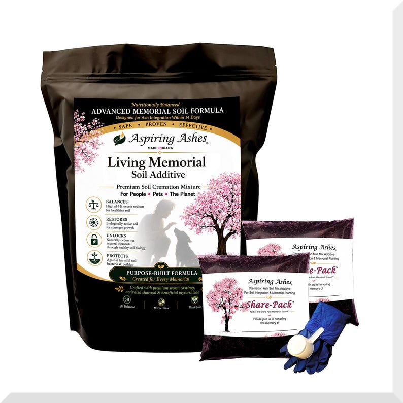 Complete Aspiring Ashes Living Memorial Soil Kit including Living Memorial Soil Additive, Share-Pack memorial bags, disposable gloves, and a 2-ounce scoop for creating living memorials with human or pet cremation ashes.