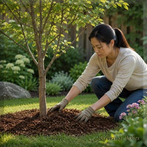 Gloved person kneeling in a landscaped backyard and spreading fresh brown mulch around the base of a young memorial tree, illustrating ongoing care after planting with prepared cremation ashes.
