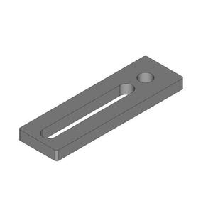 Puede incluir: Un soporte de ranura en T de metal gris con un agujero redondo y una ranura larga.