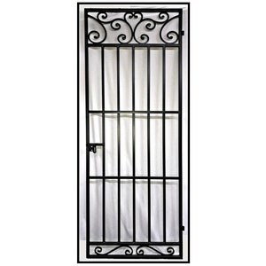 May include: Black wrought iron security door with vertical bars and decorative scrollwork at the top and bottom. The door has a simple latch and is set against a white background.