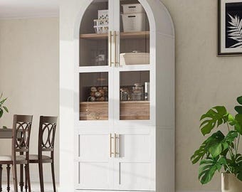 Tall Arched Cabinet Glass Doors | Rattan Kitchen Storage | Adjustable Shelves – Pantry Organizer