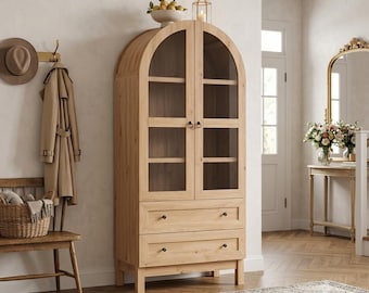 71" Tall Arched Cabinet Glass Doors | Rattan Kitchen Storage | Adjustable Shelves – Pantry Organizer
