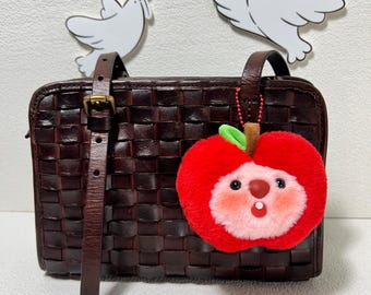 Handmade Plush Apple Keychain – Cute Fluffy Apple Face Charm – Bag & Car Hanging Accessory – Unique Handmade Gift