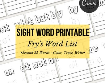 Sight Word Printable, Fry's Sight Word List, Second 25 Sight Words, Printable Sight Words, Sight Words Coloring Sheet, Sight Words Tracing