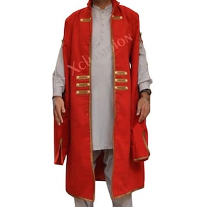 May include: A red long coat with gold trim and buttons. The coat has a high collar and a long, flowing design.