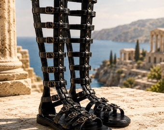 Sandalias gladiadoras de cuero negro para hombre, botas de guerrero griego antiguo, zapatos de festival hechos a mano.