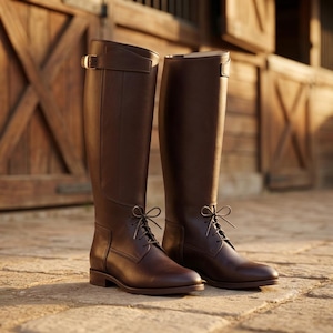 May include: A pair of tall, dark brown leather riding boots featuring a structured shaft, a rounded toe, and a lace-up front closure with thin matching laces. Each boot includes a decorative strap with a metallic buckle at the top outer side.
