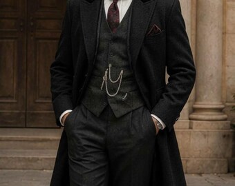 Men's Black Wool Gothic Frock Coat, Victorian Military-Style Overcoat