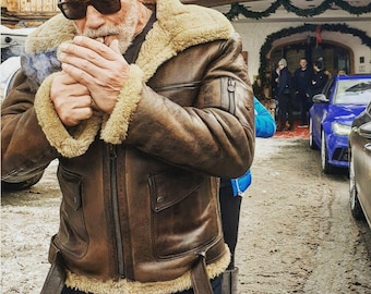 Leren jack Arnold Schwarzenegger | Matchless London-jas van schapenvacht | Authentieke pilotenbierstijl van schapenvacht