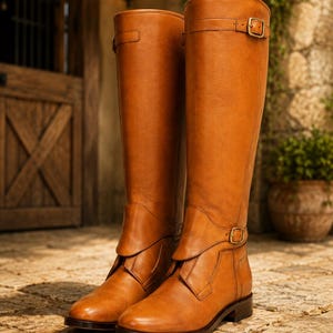 K&ouml;nnte beinhalten: Ein Paar kniehohe, hellbraune Lederstiefel mit glatter Oberfl&auml;che, abgerundeter Zehenpartie und flachem Blockabsatz. Jeder Stiefel verf&uuml;gt &uuml;ber einen Zierriemen am Kn&ouml;chel und einen Schnallenriemen am oberen Schaft mit goldfarbenen Beschl&auml;gen.