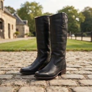 Puede incluir: Un par de botas altas de cuero negro con acabado liso, punta redondeada, tacón bajo apilado y detalles de costuras verticales a lo largo de la caña. Las botas presentan una silueta estructurada y limpia que llega hasta la mitad de la pantorrilla.