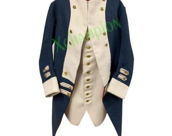 May include: A blue and white military coat with gold buttons. The coat has a high collar and a long tail. The coat is made of a thick fabric and has a traditional design.