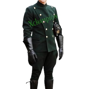 May include: Dark green military-style jacket with gold buttons and matching pants. The jacket has a high collar and double-breasted design. Black leather gloves and boots complete the outfit. The text "Xchampion" is visible on the jacket.