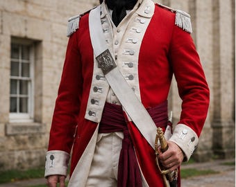 May include: A red military-style coat with white lapels, silver buttons, and silver epaulets. The outfit includes a white cross belt with a metal buckle, a dark red sash with tassels, white trousers, a black neck cravat, and a black tricorne hat.