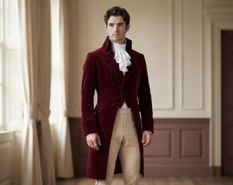 May include: A deep burgundy velvet tailcoat featuring a high collar, double-breasted button closure, and long sleeves with cuffs. The coat is worn over a white ruffled cravat and light beige trousers, creating a structured and formal appearance.