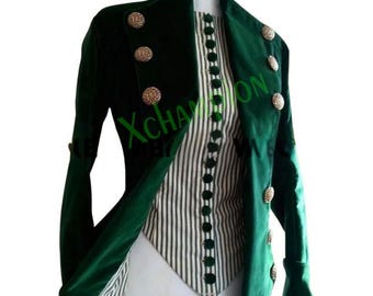 Green Wool Military Jacket: Victorian Steampunk Costume Coat