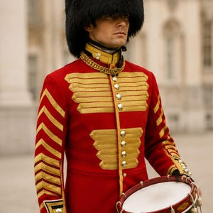May include: A bright red ceremonial tunic featuring gold braided embroidery, metallic buttons, and a high collar with a gold chain. The uniform includes a tall black bearskin hat and a decorative drum with red, gold, and black painted details.