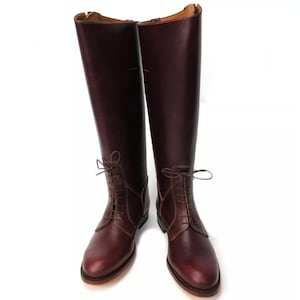 May include: A pair of brown leather riding boots with laces. The boots have a pointed toe and a tall shaft.