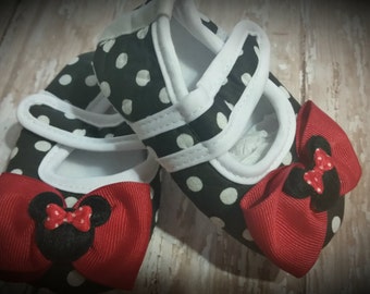 Baby Girl Shoes, Black and White Polka Dot Minnie Mouse Inspired Crib Shoes...6-9 Months