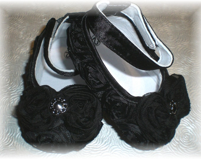 BLACK Baby Girl Shoes Dressy Rosette Crib Shoes With Chiffon Etsy
