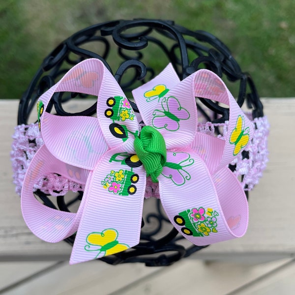 NEW Item - Baby Girl Boutique Bow Green Tractor Hair Bow and Headband - Pink Tractor Bow - Baby Bow and Headband Set