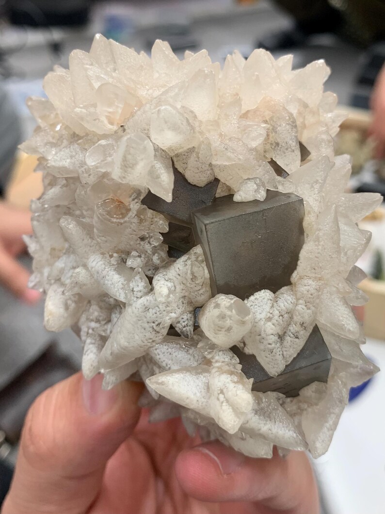 May include: A cluster of clear quartz crystals with sharp, pointed formations. The quartz surrounds several dark gray, cube-shaped pyrite crystals. The overall structure is held in a hand, showcasing the natural beauty of the mineral specimen.