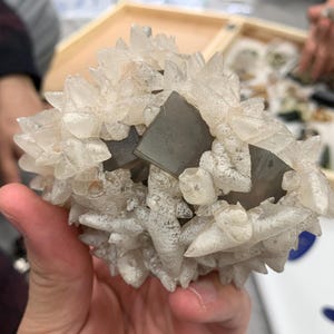 May include: A cluster of clear quartz crystals surrounding a dark gray, rectangular mineral. The crystals have a spiky, irregular shape, and the mineral is smooth and flat. The object is held in a hand.