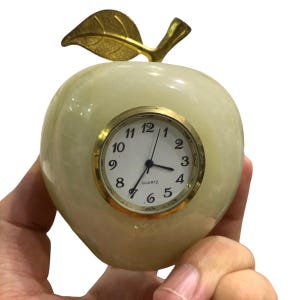 Green Onyx Apple Clock: Natural Stone Desk Decor, Handmade