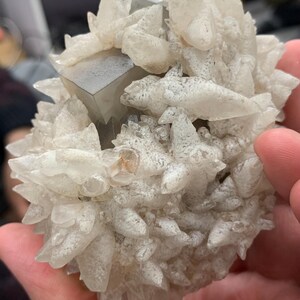 May include: A cluster of white quartz crystals with a central, gray, cubic pyrite formation. The quartz crystals have sharp, pointed terminations, and the pyrite cube has a metallic sheen. The overall structure is held in a hand.