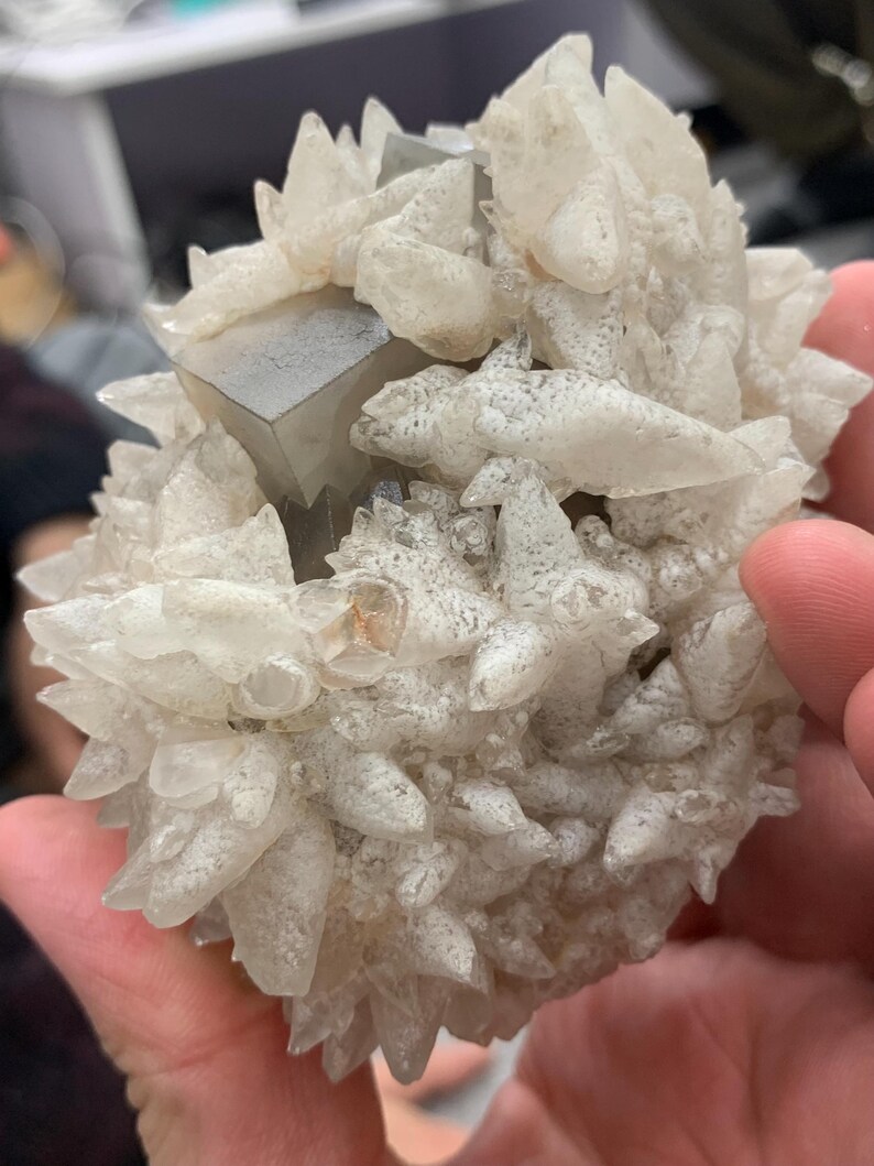May include: A cluster of white quartz crystals with a central, gray, cubic pyrite formation. The quartz crystals have sharp, pointed terminations, and the pyrite cube has a metallic sheen. The overall structure is held in a hand.