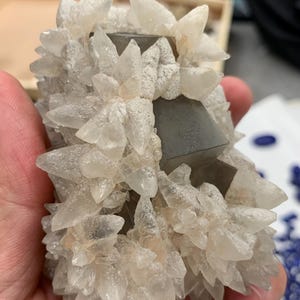 May include: A cluster of clear, crystalline formations with a rough, textured appearance. The crystals are clustered around several dark, square-shaped formations. The overall color palette is neutral, with shades of white, gray, and clear.