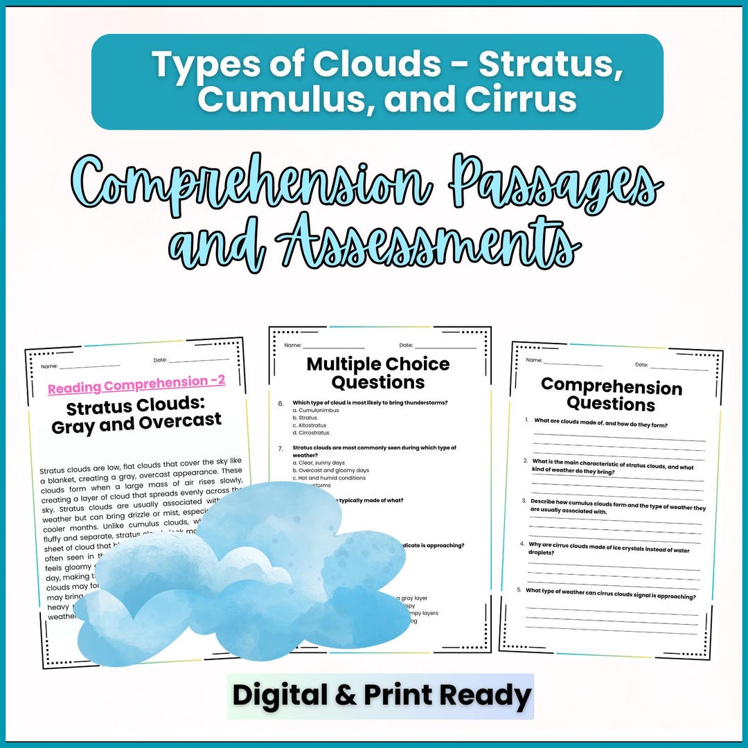 Types of Clouds: Stratus, Cumulus, and Cirrus - Reading Passages With ...