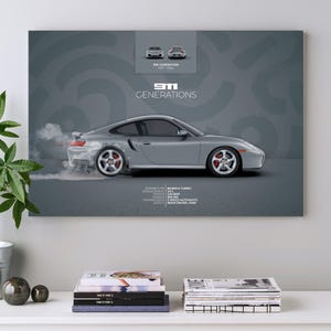 Puede incluir: Impresión de un Porsche 911 plateado con pinzas de freno rojas. La imagen incluye el texto "911 Generations" y especificaciones técnicas. La impresión muestra una vista lateral del coche con humo saliendo.