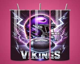 May include: A purple and black football helmet with a football in front of it. The helmet is surrounded by lightning bolts and the word "VIKINGS" is written below the football. The image is on a black background.