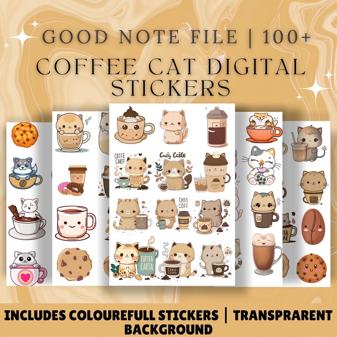 Coffee Cat Digital Stickers: Cozy Planner Kawaii Clipart (PNG Download ...