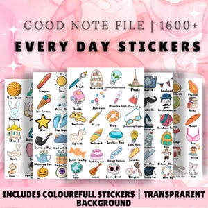 以下が含まれることがあります： GoodNotes 用のデジタルステッカーシート10枚セット。透明な背景に1600種類以上のカラフルなステッカーが収録されています。ステッカーには、バスケットボール、アイスクリーム、筆、本、鉛筆、サーフボード、電球、自転車、猫など、さまざまな日常的なものが含まれています。
