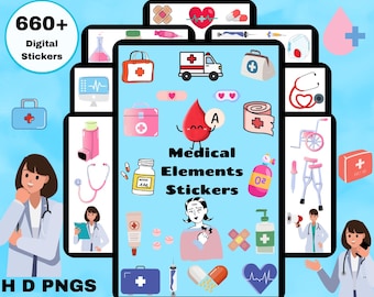 May include: A digital sticker set with over 660 medical elements. The stickers feature a variety of medical symbols, including a stethoscope, a heart, a bandage, a pill bottle, a thermometer, a syringe, a first aid kit, and a doctor. The stickers are perfect for use in planners, journals, and other creative projects.