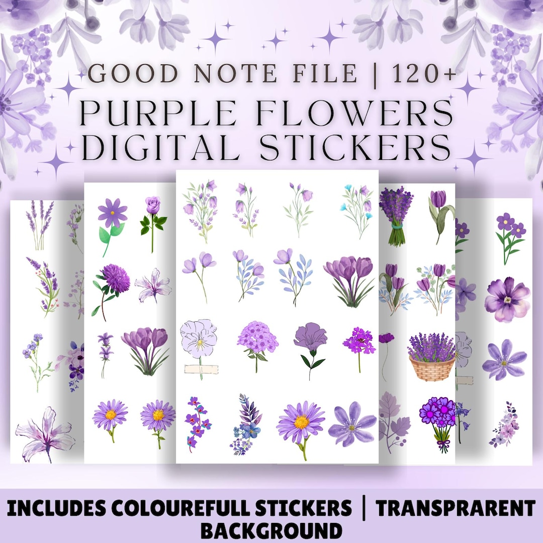 Purple Flowers Digital Stickers Bundle, Floral Goodnotes PNG (digital ...