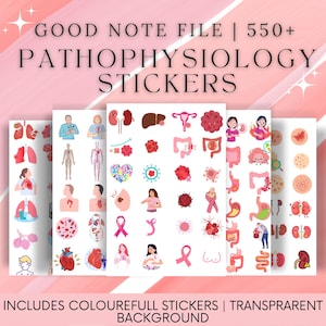 May include: A set of pathophysiology stickers with illustrations of human organs and systems. The stickers include text that reads "GOOD NOTE FILE | 550+ PATHOPHYSIOLOGY STICKERS" and "INCLUDES COLOUREFULL STICKERS | TRANSPARENT BACKGROUND". The background is pink.