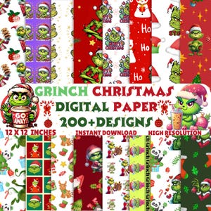 Puede incluir: Una colección de papeles digitales con temática de Grinch con varios patrones. Los papeles presentan al Grinch con gorros de Papá Noel, bastones de caramelo y árboles de Navidad. El texto de la imagen dice "Grinch Christmas Digital Paper" y "12 x 12 inches".