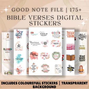 May include: A collection of digital stickers featuring Bible verses. The stickers include various designs with floral accents and inspirational quotes. The text on the stickers includes phrases like "Blessed", "Believe", and "Peace & Love". The image also includes the text "Good Note File | 175+ Bible Verses Digital Stickers".