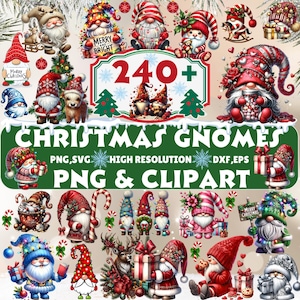Puede incluir: Una colección de ilustraciones de gnomos navideños en varios diseños, con esquemas de color rojo, verde y blanco. La imagen incluye el texto "Christmas Gnomes" y "PNG & Clipart".