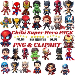 Può includere: Un'immagine vivace con numerosi personaggi di supereroi in stile chibi, tra cui Spider-Man, Iron Man e Batman. Il testo "Chibi Super Hero PACK" e "PNG & CLIPART" è anche visibile.