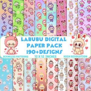 Labubu Monster Digital Paper Pack: Kawaii Seamless Patterns (PNG Download