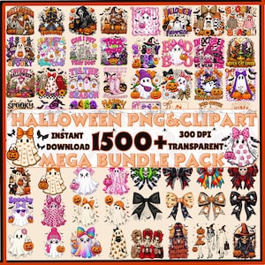 May include: A digital collection of Halloween-themed graphics featuring ghosts, pumpkins, skeletons, and bows. The text reads HALLOWEEN PNG & CLIPART, INSTANT DOWNLOAD, 1500+ TRANSPARENT, and MEGA BUNDLE PACK. The designs include various colorful illustrations.